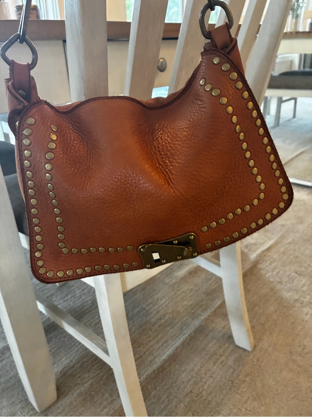 Genuine Italian Studded Leather Shoulder Bag - Tan